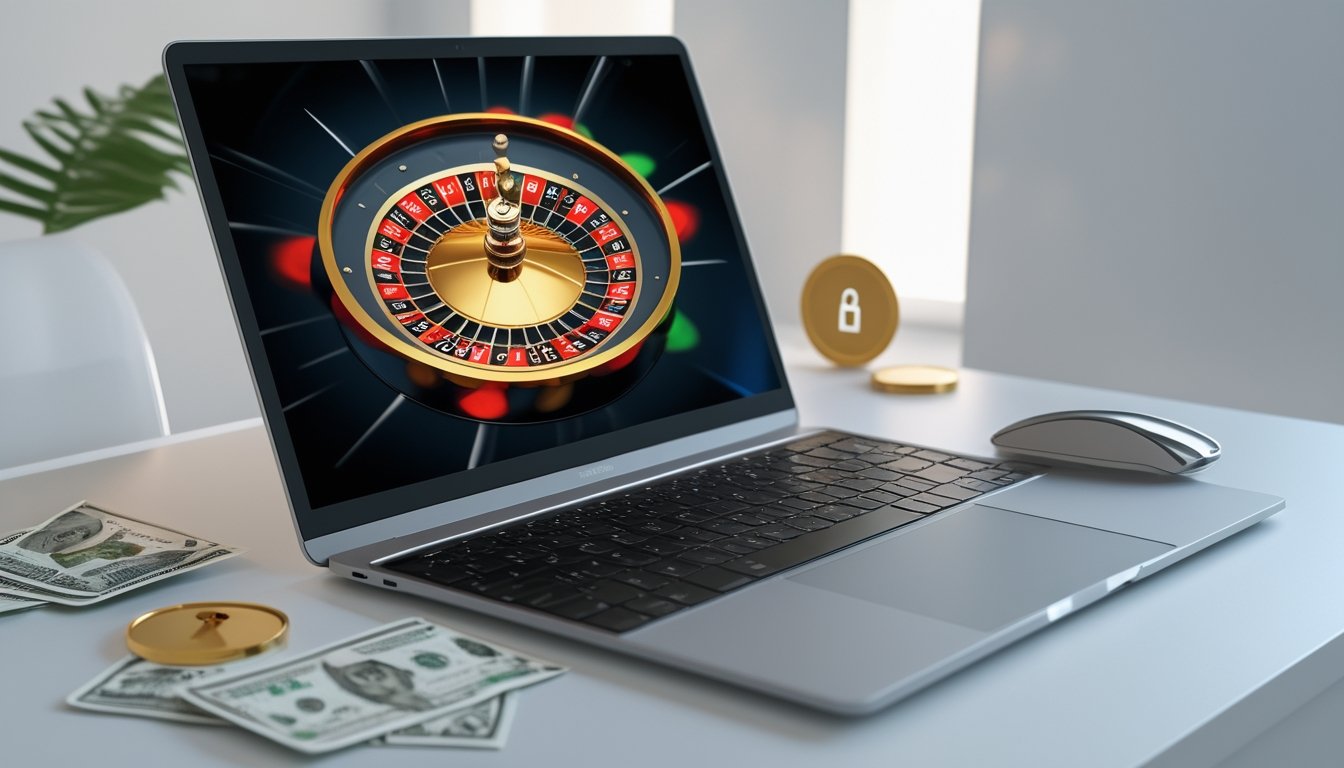 Seorang pengguna bermain roulette online di komputer dengan simbol transaksi cepat dan aman di sekitar layar.