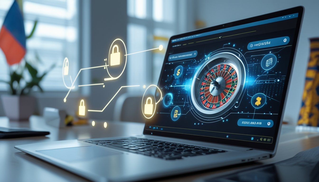 Seorang pria menggunakan komputer dengan tampilan roda roulette online dan ikon keamanan transaksi di sekitarnya di sebuah ruang kantor yang terang.