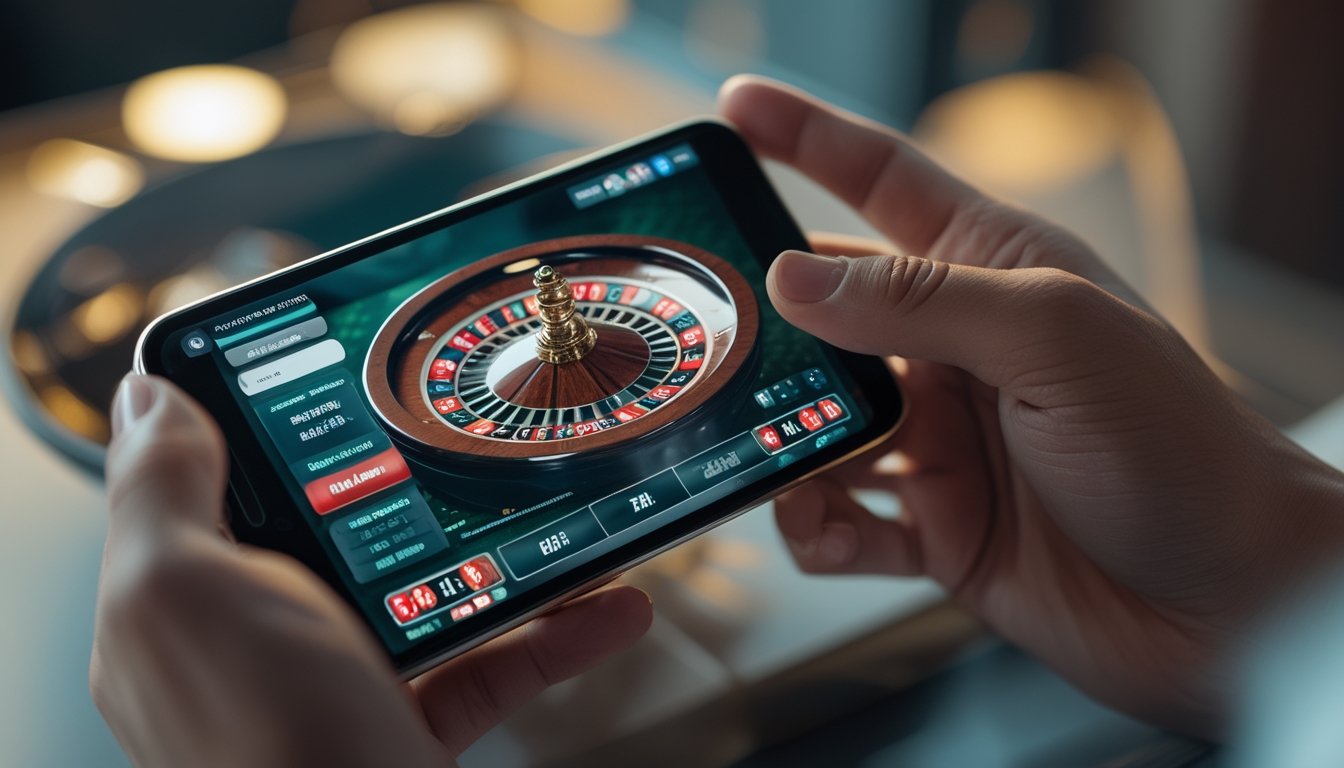 Seseorang memegang smartphone yang menampilkan permainan roulette online dengan latar belakang ruangan yang nyaman dan pencahayaan hangat.