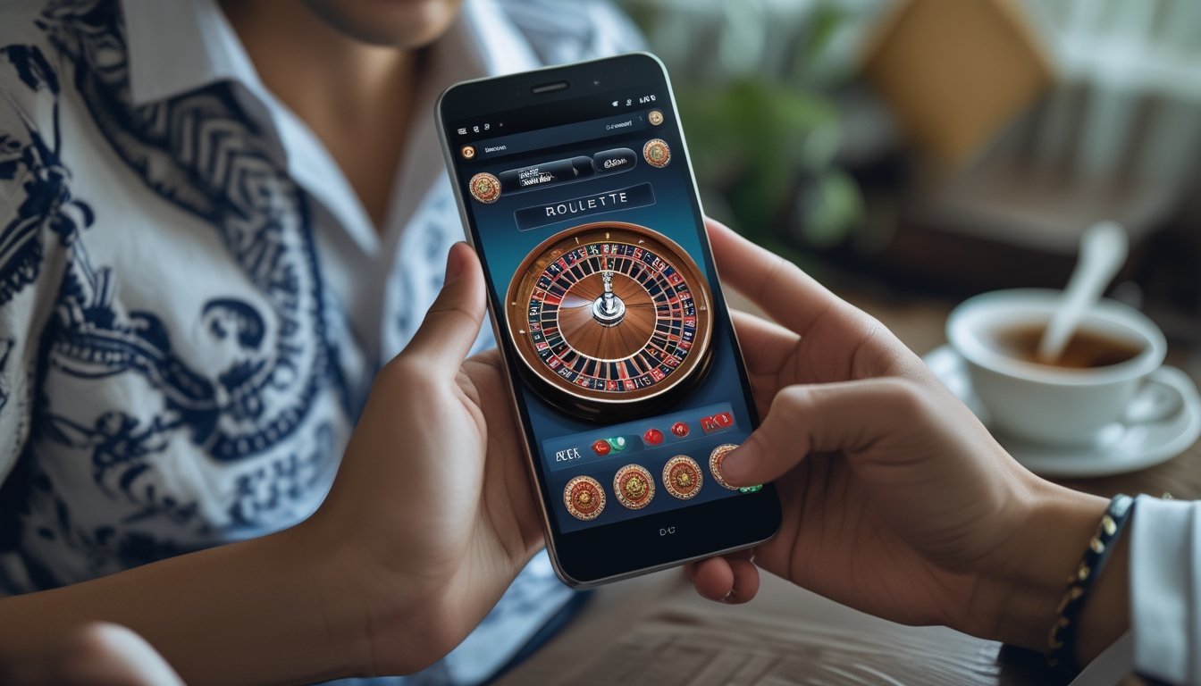 Seorang pengguna muda sedang bermain roulette online di ponsel dalam ruangan yang nyaman dengan dekorasi batik dan secangkir kopi di meja.