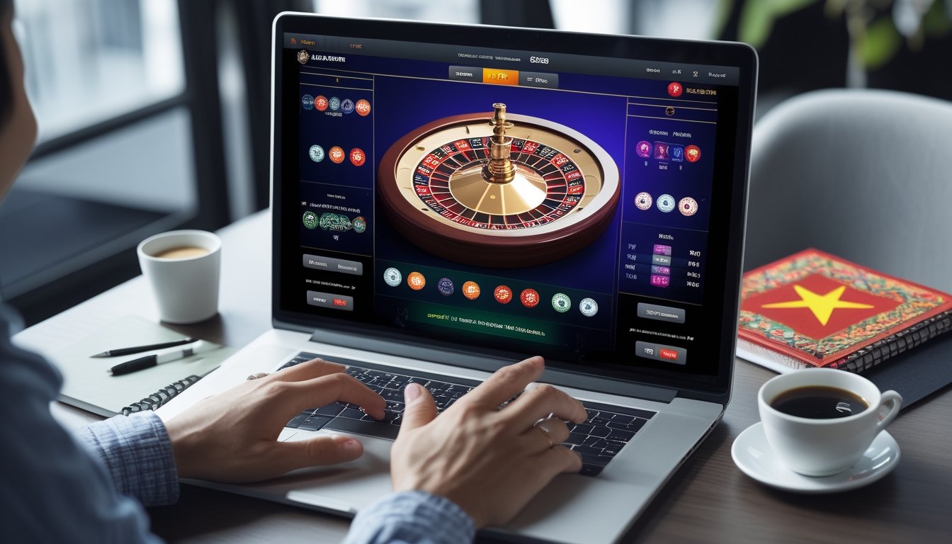 Seorang pemain baru sedang menggunakan komputer dengan tampilan permainan roulette online yang berwarna-warni di meja kerja yang rapi dengan dekorasi kecil khas Indonesia.