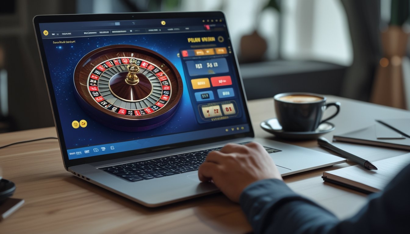 Seorang pemain baru sedang menggunakan laptop dengan tampilan roda roulette online yang berputar di layar, di atas meja kayu dengan secangkir kopi dan smartphone di sampingnya.