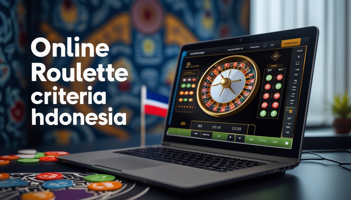 Sebuah laptop menampilkan permainan roulette online dengan chip warna-warni di meja, dengan elemen budaya Indonesia di latar belakang.