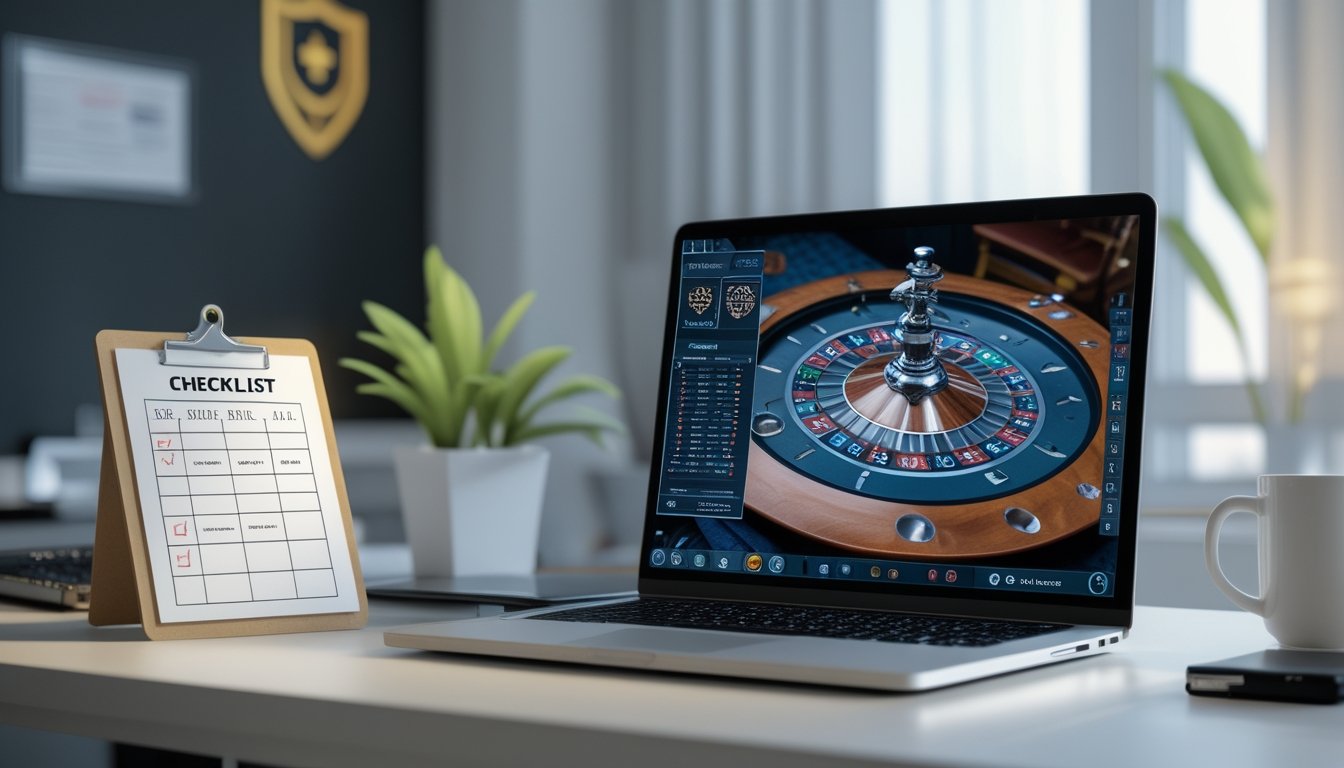 Sebuah meja kerja dengan laptop menampilkan permainan roulette online, clipboard dengan tanda centang, dan sertifikat di latar belakang yang melambangkan keamanan dan lisensi.