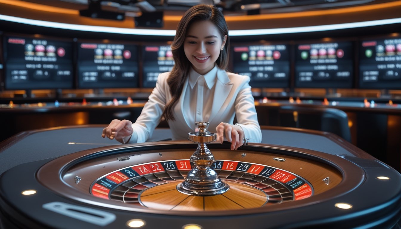 Seorang dealer wanita profesional sedang memutar roda roulette di studio kasino dengan layar-layar menampilkan opsi taruhan langsung di latar belakang.