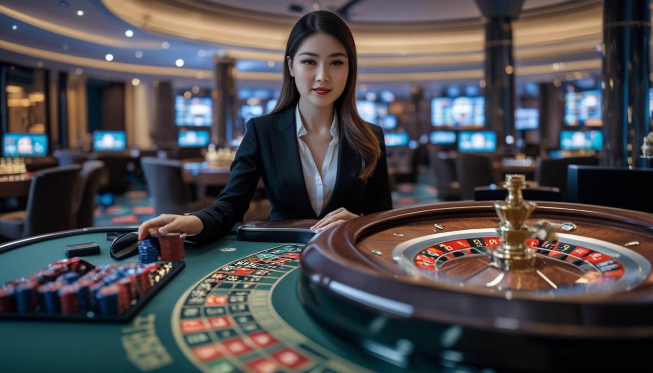 Seorang dealer wanita sedang memutar roda roulette di meja kasino dengan suasana mewah dan pencahayaan hangat.