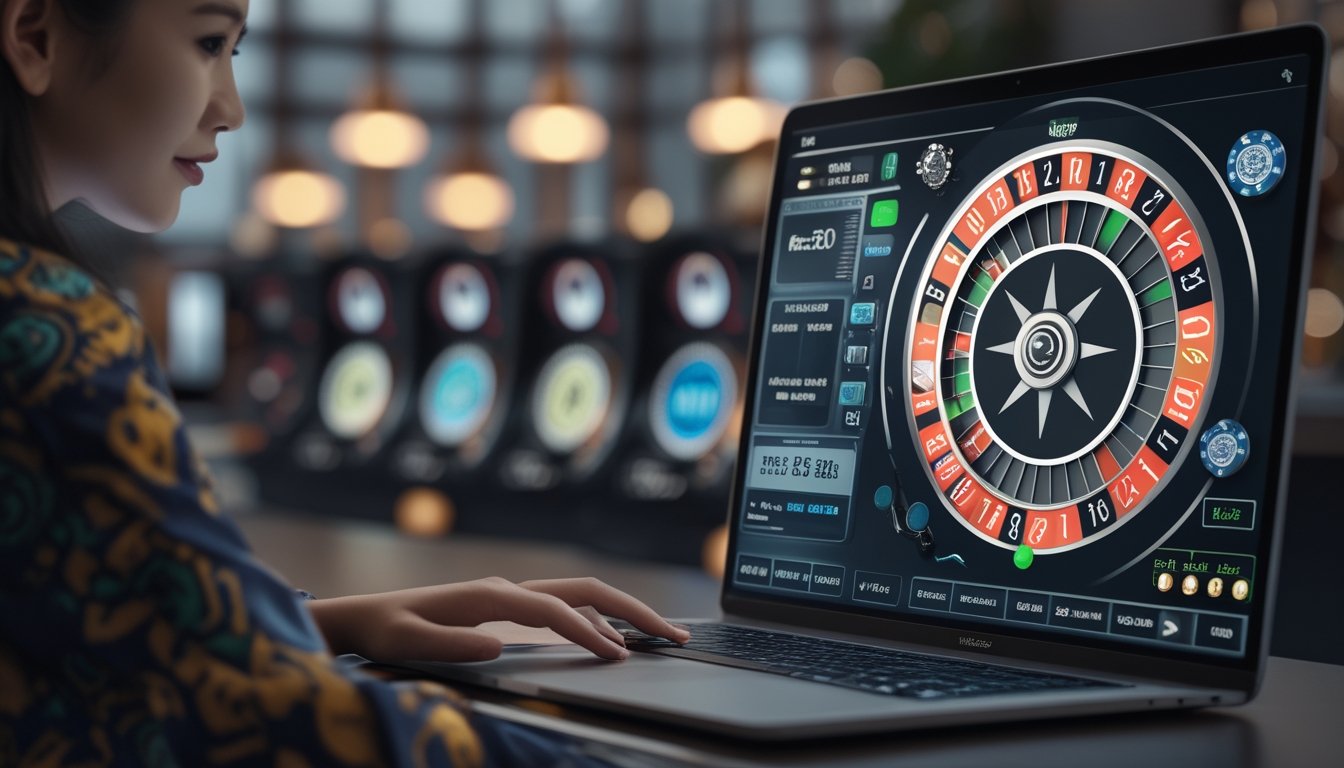 Seorang pemain menggunakan laptop untuk bermain roulette online dengan roda roulette digital berwarna cerah di layar, di dalam ruangan modern dengan elemen budaya Indonesia.