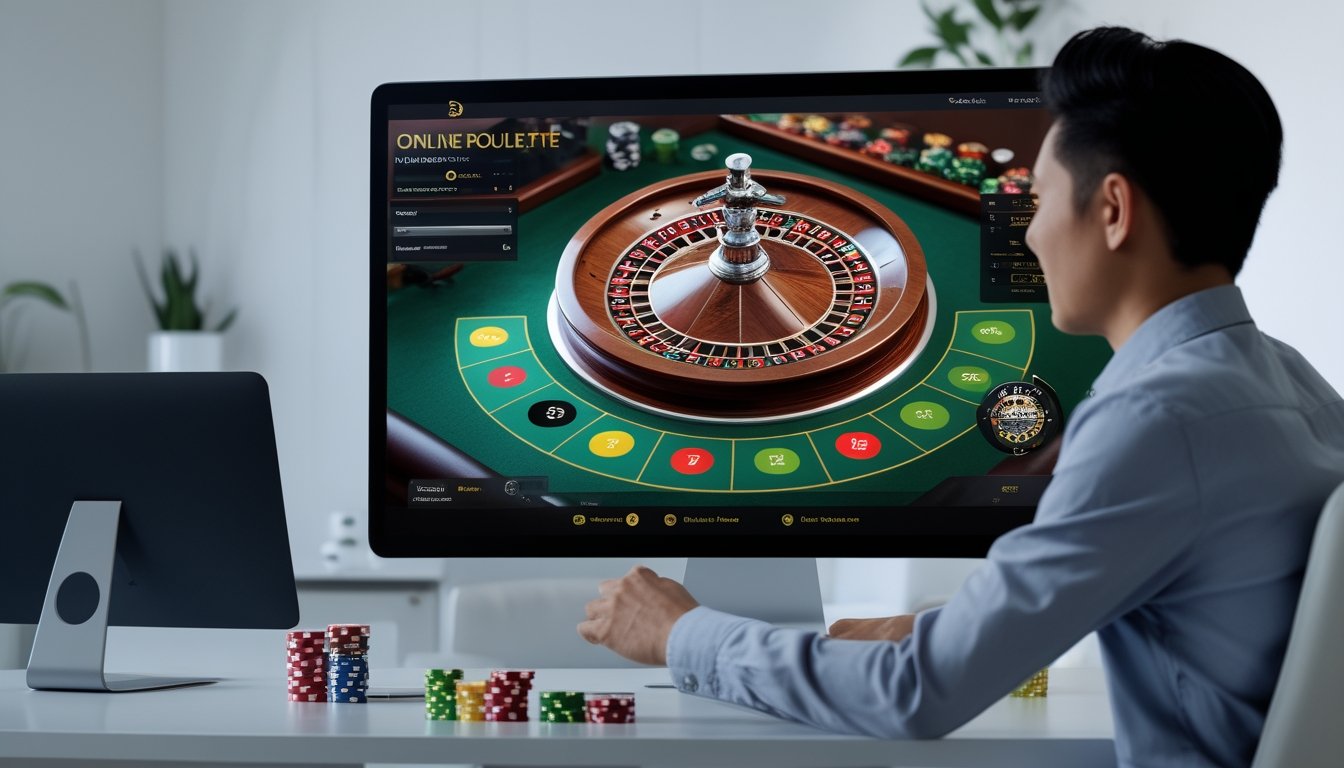 Seseorang sedang bermain roulette online di layar komputer dengan latar belakang elemen budaya Indonesia.