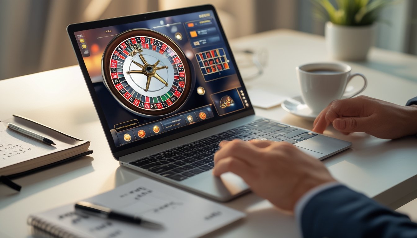 Meja kerja dengan laptop menampilkan roda roulette digital, buku catatan dengan tulisan tangan, pena, dan cangkir kopi dalam suasana yang tenang dan fokus.