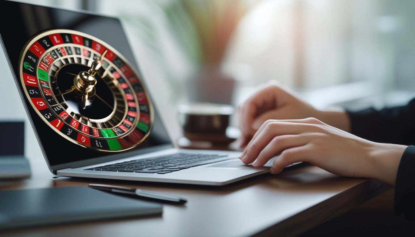 Tangan seseorang mengelola chip virtual di depan laptop yang menampilkan roda roulette online dalam suasana ruang kerja yang tenang.