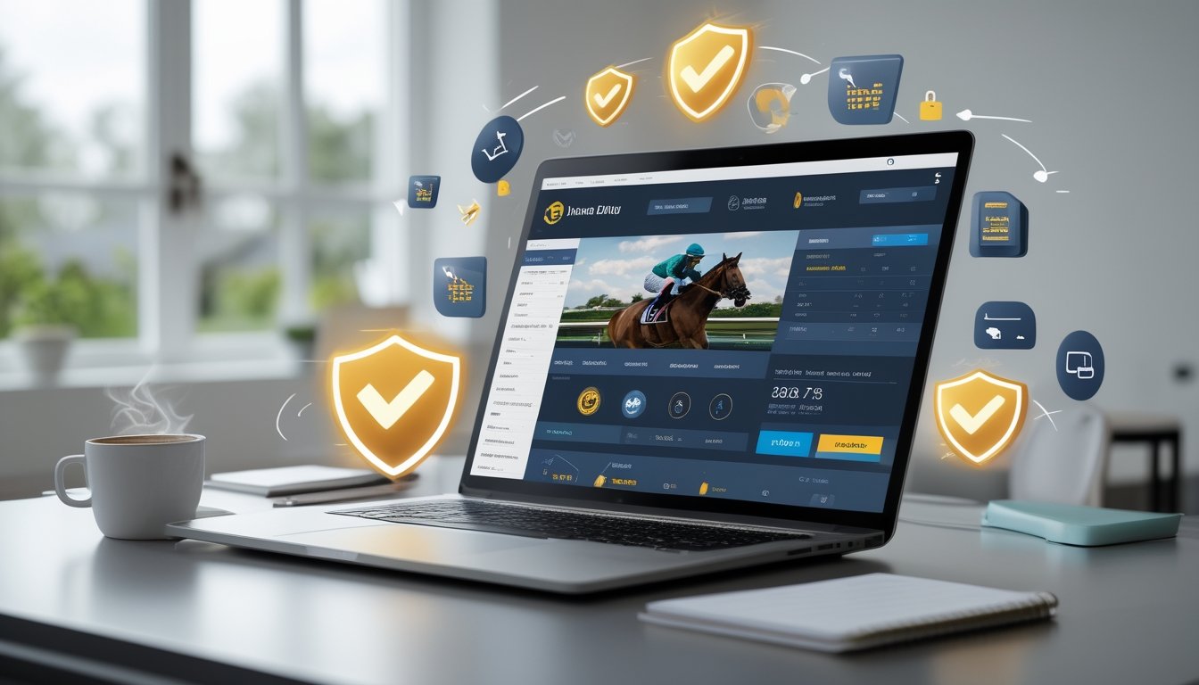 Seorang pengguna sedang melihat layar komputer yang menampilkan situs judi kuda online dengan grafik dan statistik, di latar belakang terlihat kuda-kuda berlari dalam perlombaan.