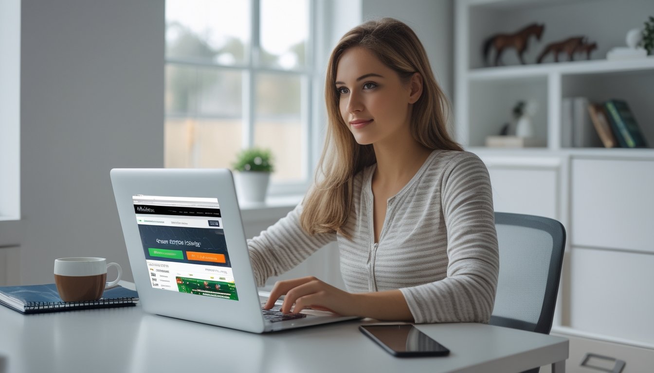 Seorang wanita muda duduk di meja dengan laptop, menggunakan situs judi kuda online di ruang kerja yang terang dan rapi.