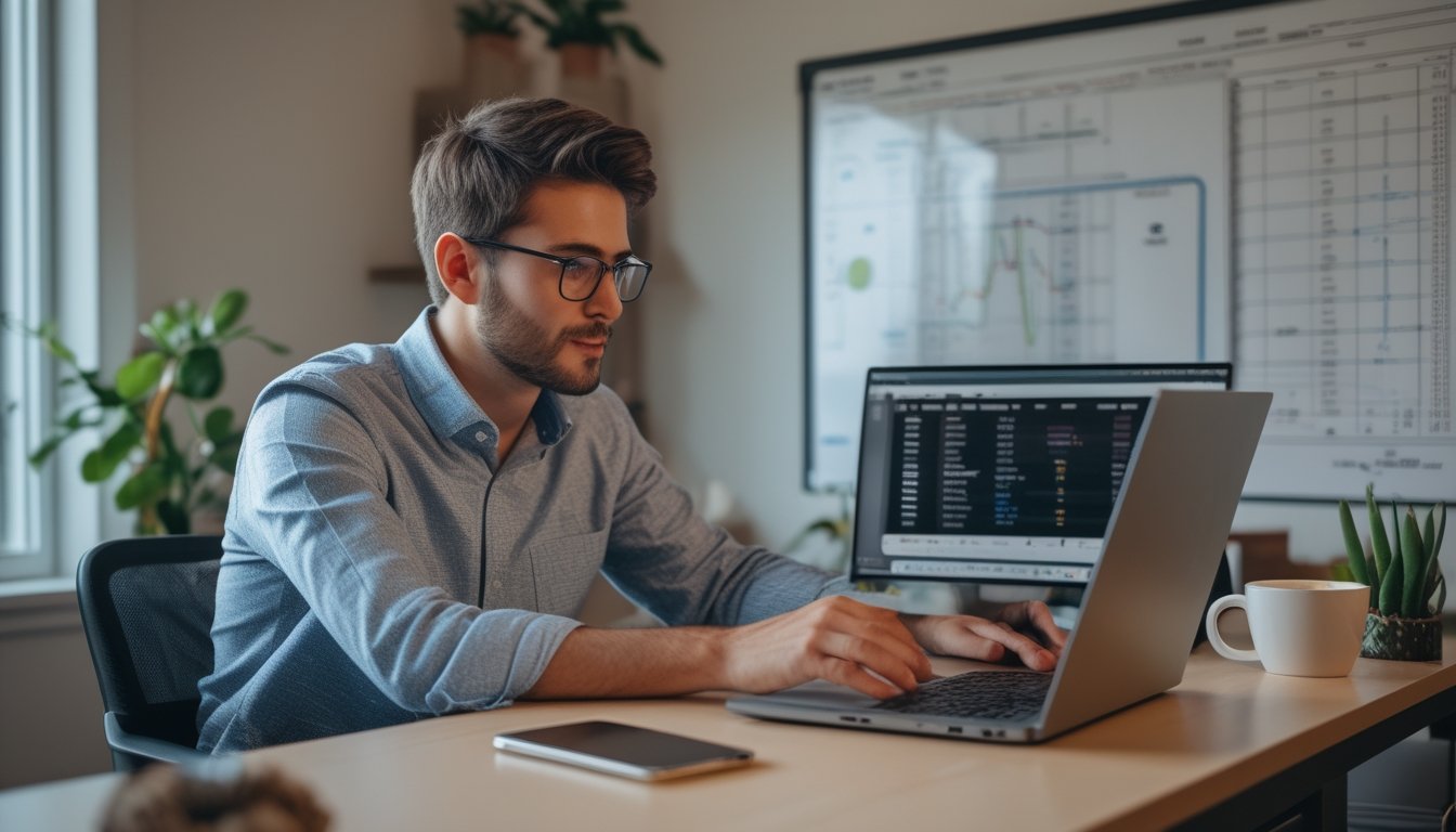 Seorang pria muda duduk di meja dengan laptop, fokus melihat situs judi kuda online di ruang kerja yang terang dan nyaman.