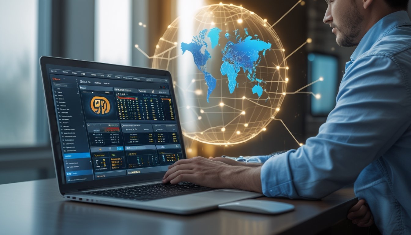 Seseorang menggunakan laptop dengan tampilan data taruhan kuda internasional di meja kerja modern.