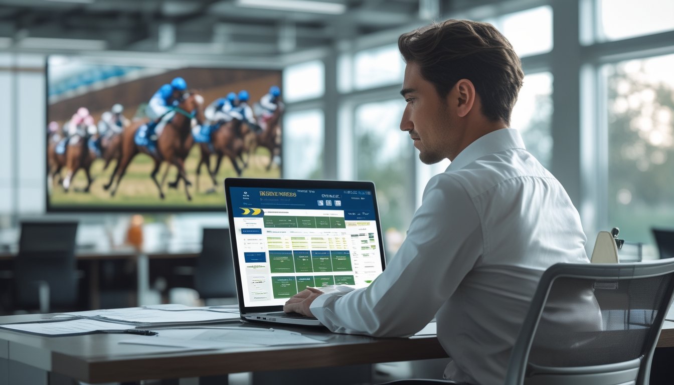 Seseorang duduk di meja dengan laptop yang menampilkan situs judi kuda online, di ruang kantor dengan cahaya alami dan layar besar menampilkan perlombaan kuda di latar belakang.