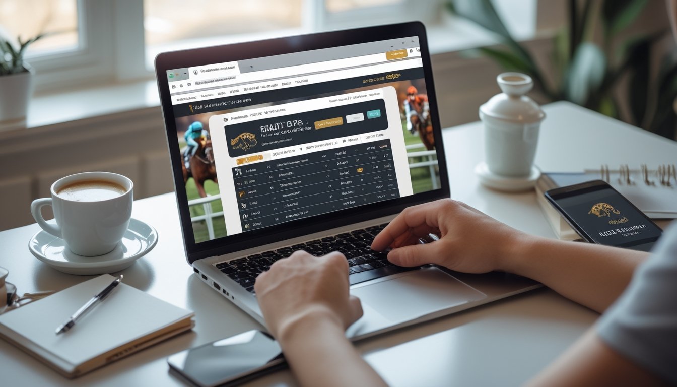 Seseorang menggunakan laptop untuk memasang taruhan judi kuda online di meja kerja dengan suasana ruangan yang nyaman.