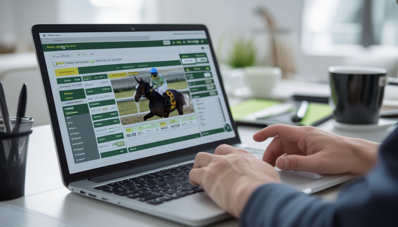 Orang sedang menggunakan laptop untuk memasang taruhan pada balapan kuda secara online di meja kerja yang rapi.