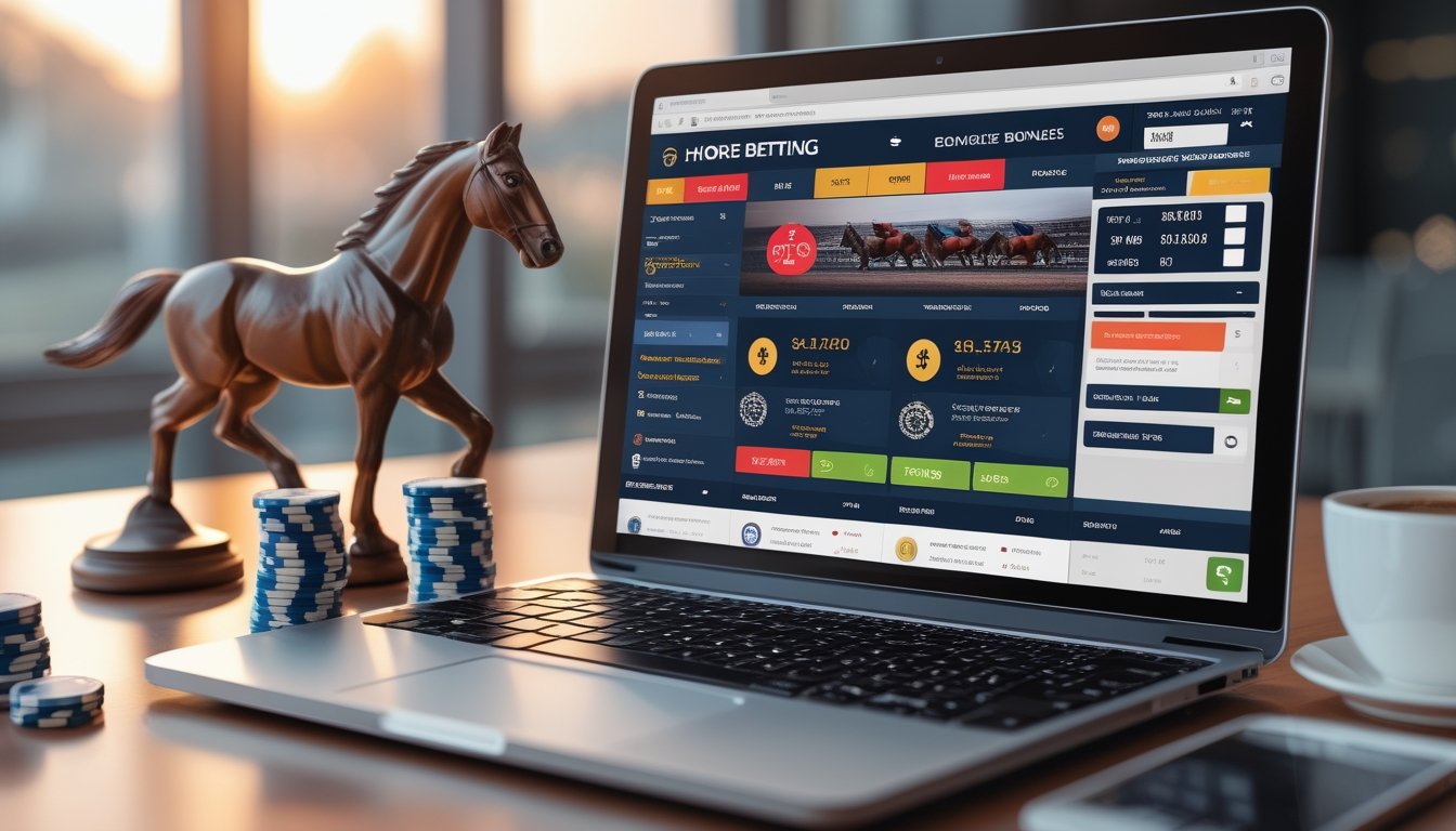 Seorang pengguna bekerja di depan laptop yang menampilkan informasi taruhan kuda online dengan elemen terkait seperti chip poker dan figur kuda di meja.