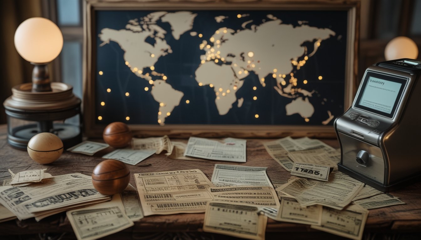Meja kayu dengan tiket togel kuno, bola togel vintage, dokumen sejarah, peta dunia dengan titik-titik yang menunjukkan penyebaran togel di berbagai negara, serta mesin togel modern di latar belakang.