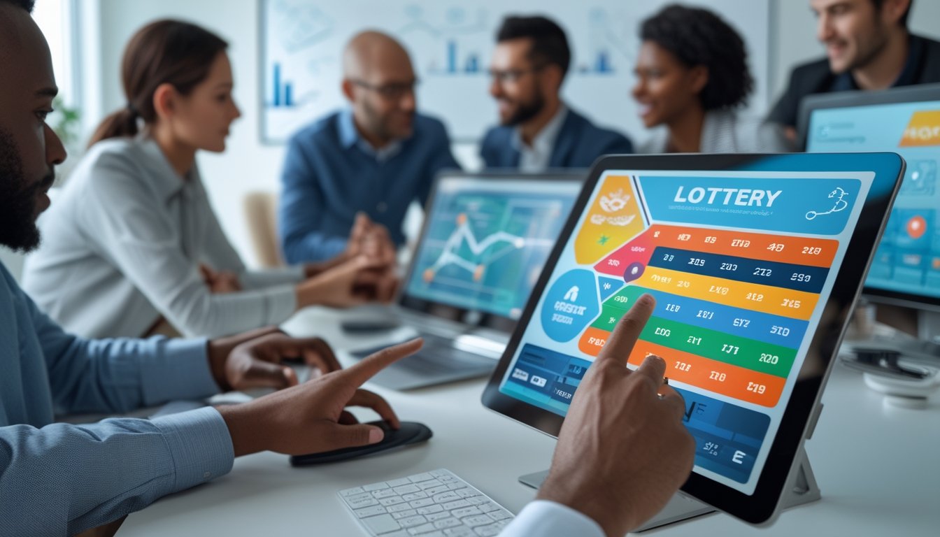Orang-orang di kantor modern sedang menganalisis data dan grafik pada layar komputer dan tablet terkait pasar togel.