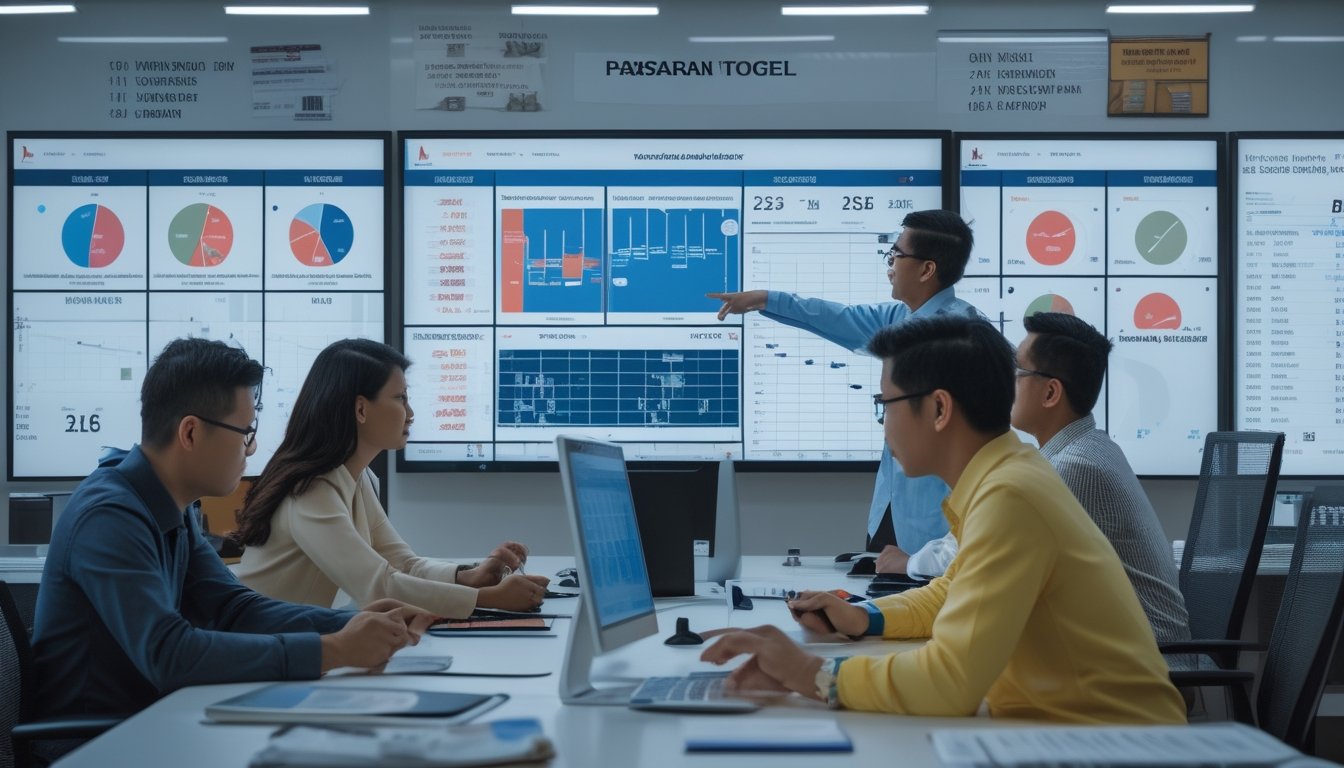 Sekelompok orang sedang berdiskusi dan menganalisis data angka dan grafik di layar komputer dalam ruangan kantor yang terang dan modern.
