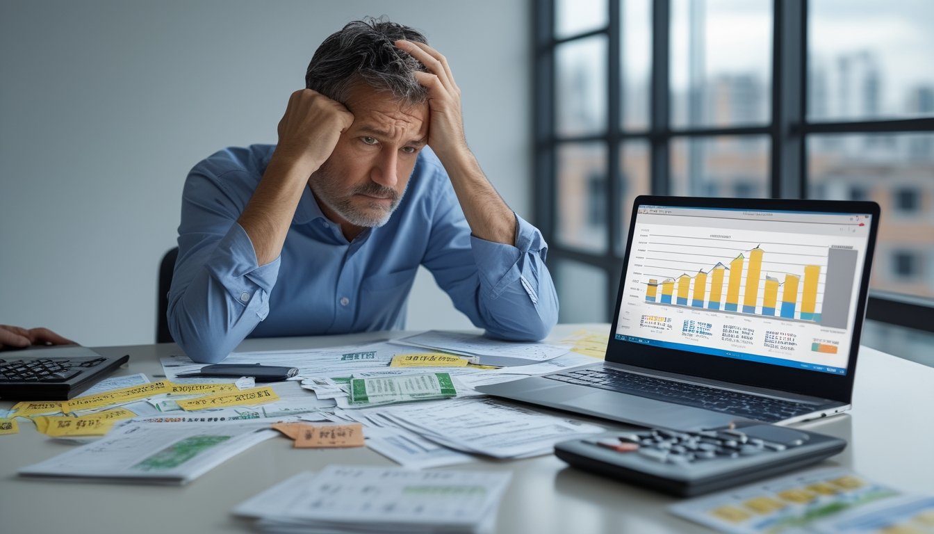 Seorang pria duduk di meja kantor dengan ekspresi khawatir, dikelilingi dokumen keuangan dan tiket togel, menunjukkan risiko finansial bermain togel.