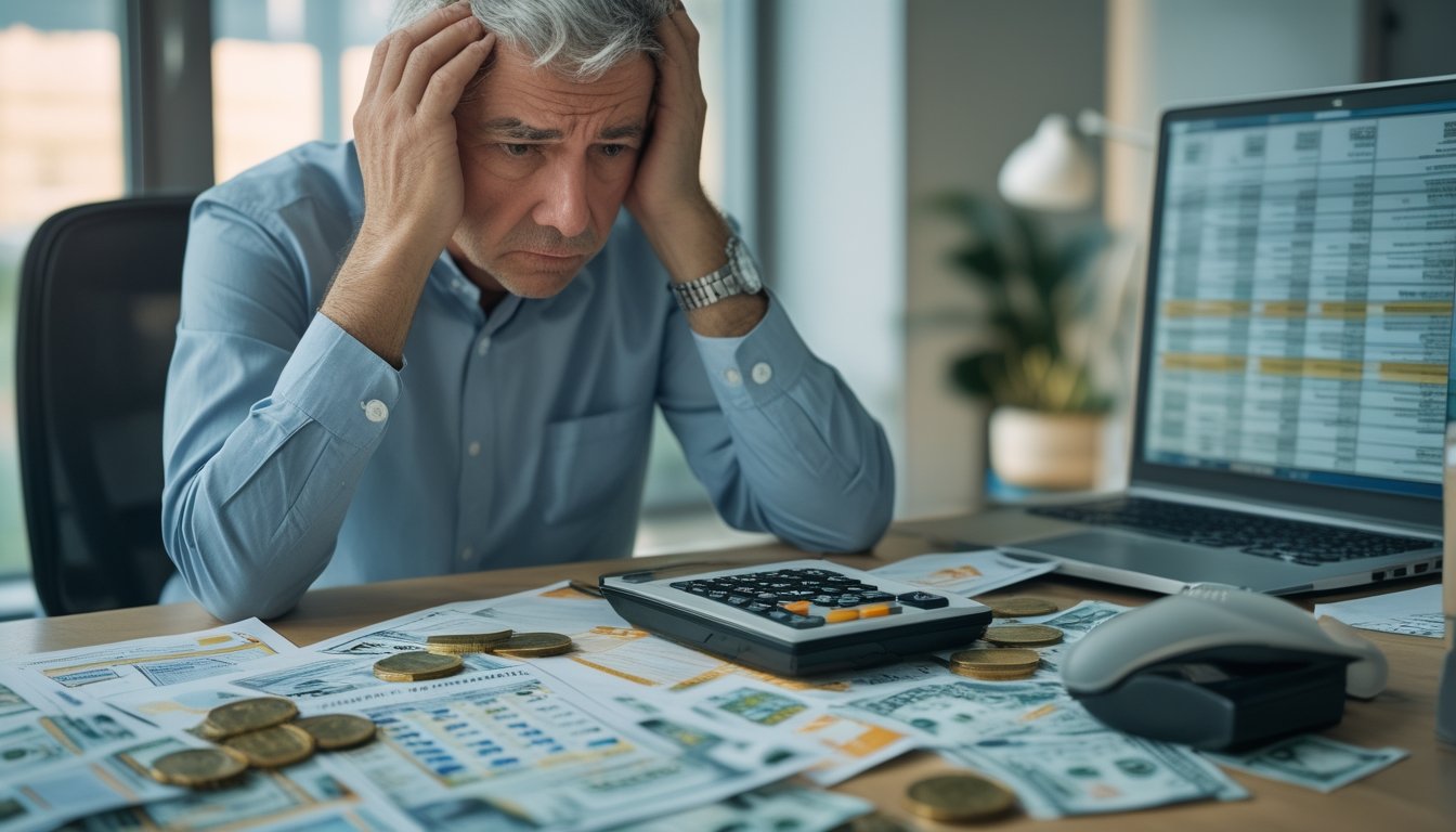 Seseorang yang terlihat khawatir duduk di meja dengan dokumen keuangan, tiket togel, dan kalkulator, menggambarkan risiko kerugian finansial akibat bermain togel.