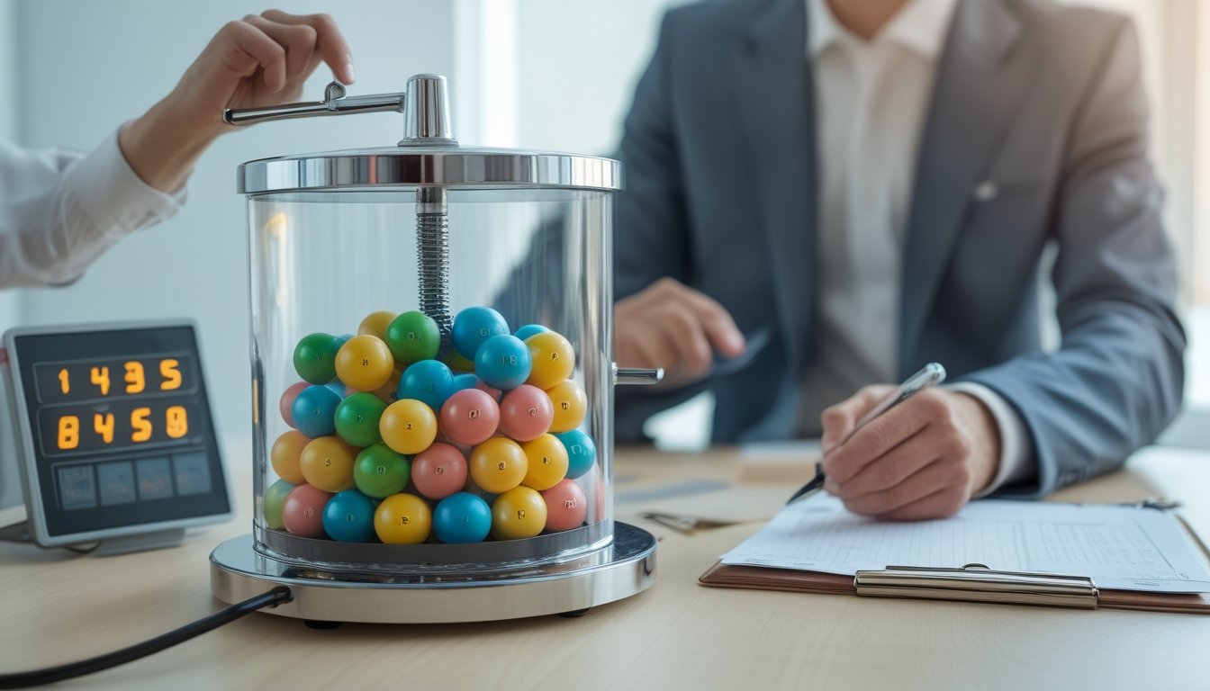 Sebuah mesin undian dengan bola bernomor berwarna-warni sedang diaduk oleh tangan seseorang, dengan seorang pria yang mengamati dan mencatat hasilnya di sebuah kantor modern.