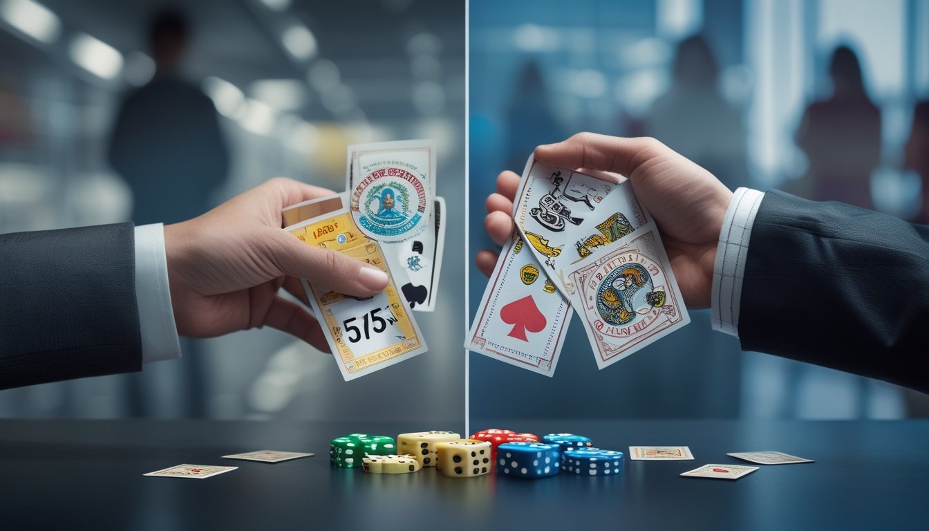 Dua tangan yang berbeda, satu memegang tiket lotre resmi dan satu lagi memegang dadu serta kartu judi, dengan latar belakang yang menunjukkan perbedaan antara kegiatan resmi dan ilegal.