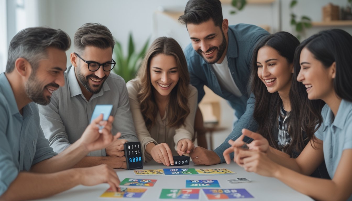 Sekelompok orang dari berbagai usia dan latar belakang sedang bermain permainan tebak angka dengan ekspresi antusias dan fokus di sebuah ruangan terang dan modern.