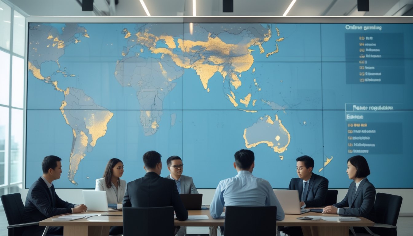 Sekelompok profesional berdiskusi di ruang kantor dengan peta digital Asia Tenggara di layar besar, menyoroti negara-negara dan analisis regulasi perjudian online.