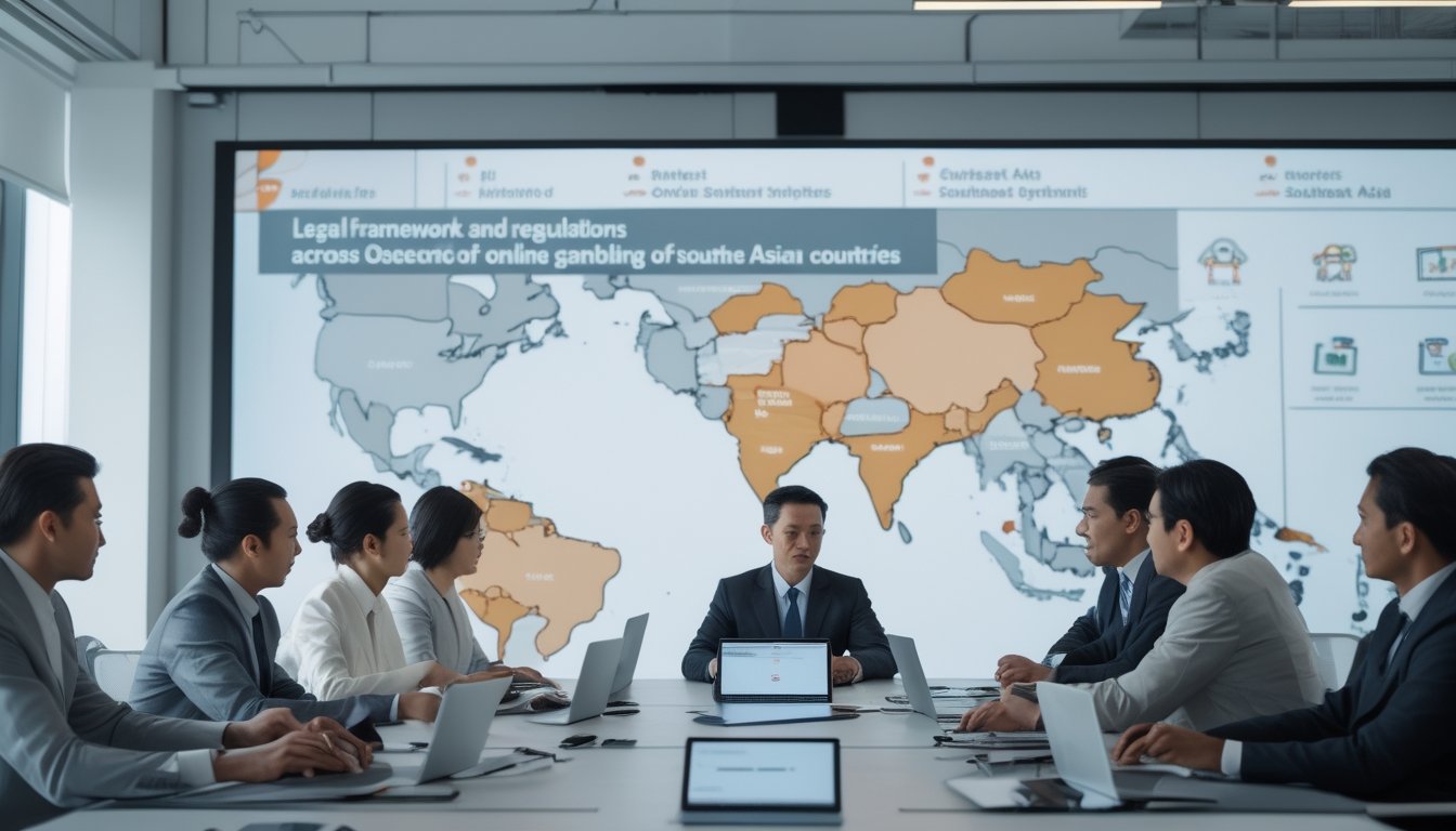 Sekelompok profesional Asia Tenggara sedang berdiskusi di ruang rapat dengan peta digital Asia Tenggara di latar belakang.