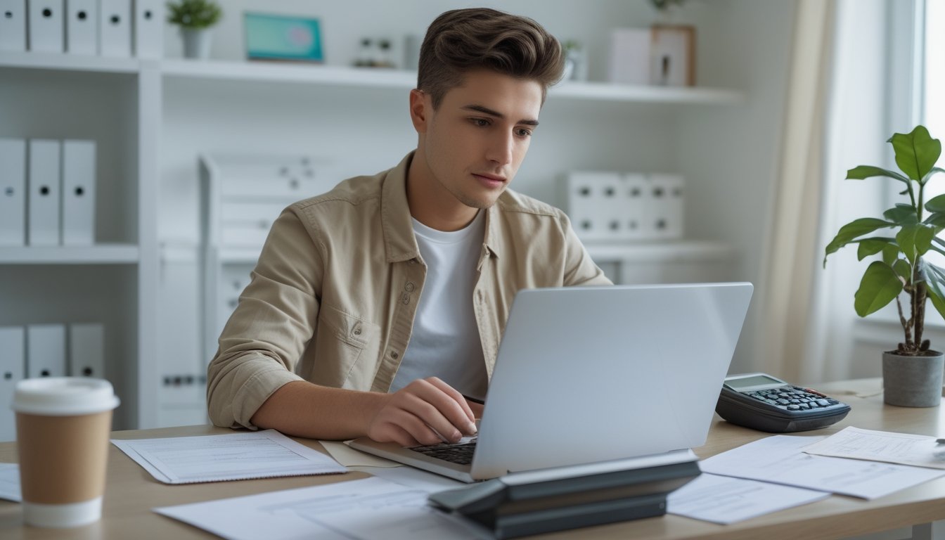 Seseorang duduk di meja kerja mengatur keuangan dengan laptop dan catatan, di ruang kerja yang rapi dan terang.