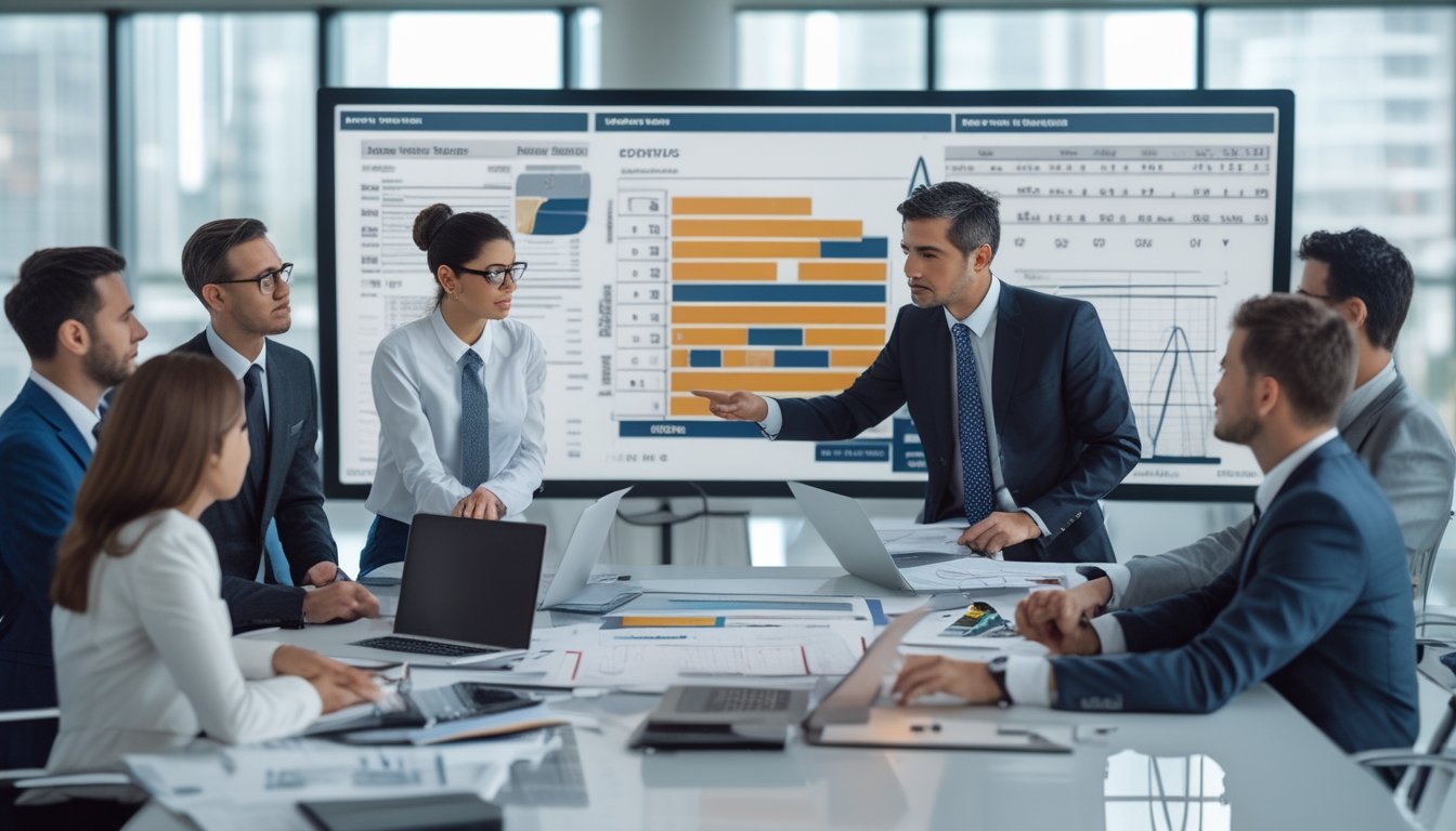Sekelompok profesional sedang berdiskusi di ruang kantor dengan layar besar yang menampilkan grafik dan statistik terkait permainan togel.
