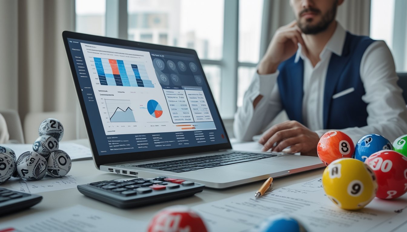 Seorang pria menganalisis data peluang permainan togel di meja kerja dengan laptop, bola togel, kalkulator, dan catatan matematika.