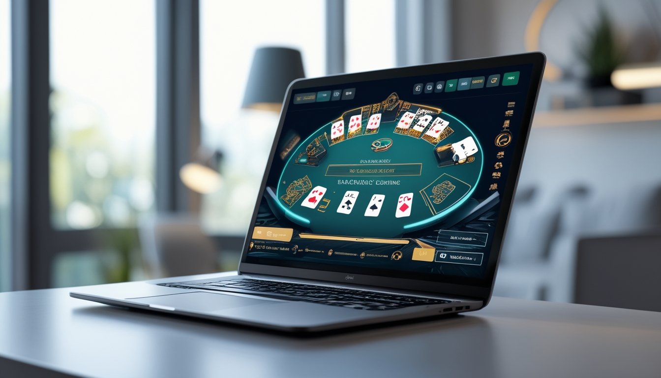 Seorang pengguna sedang bermain blackjack online di komputer dengan tampilan meja permainan digital di layar, di lingkungan yang rapi dan profesional.