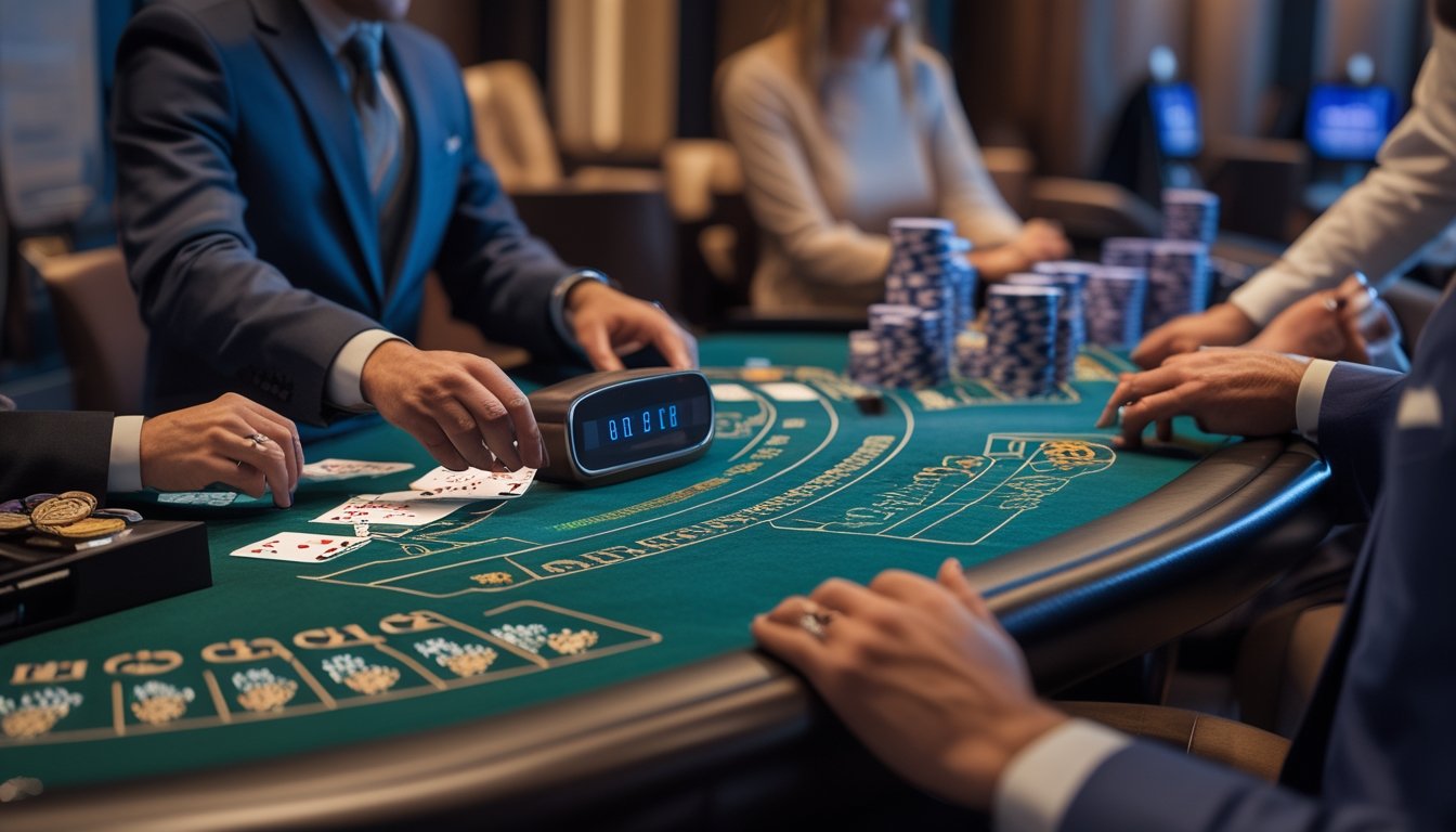 Meja blackjack dengan dealer dan pemain di kasino yang aman dan profesional.