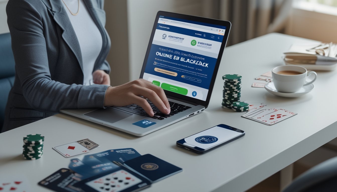 Seseorang sedang menggunakan laptop di meja kerja dengan perangkat pembayaran digital dan perlengkapan kasino di sekitarnya.