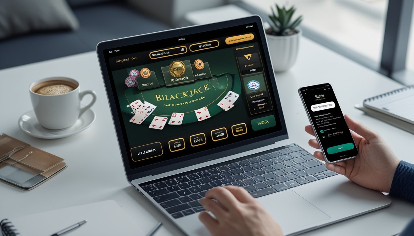 Seorang pengguna sedang bermain blackjack online di laptop dengan ponsel yang menampilkan konfirmasi deposit cepat di meja kerja yang rapi.