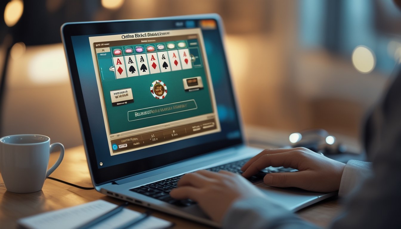 Seseorang sedang bermain blackjack online di laptop dengan suasana nyaman dan aman di meja kerja.