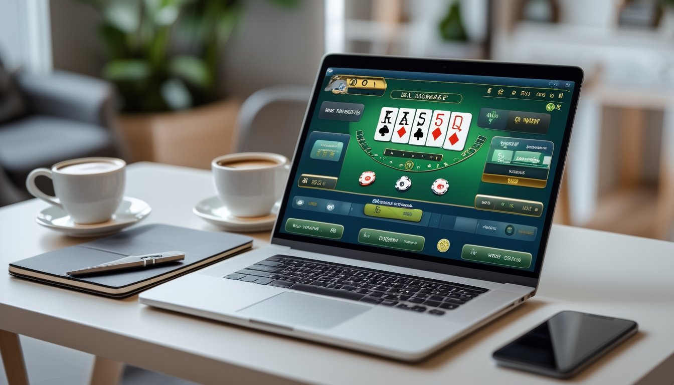 Seseorang sedang bermain blackjack online di laptop dengan meja kerja yang rapi dan nyaman.