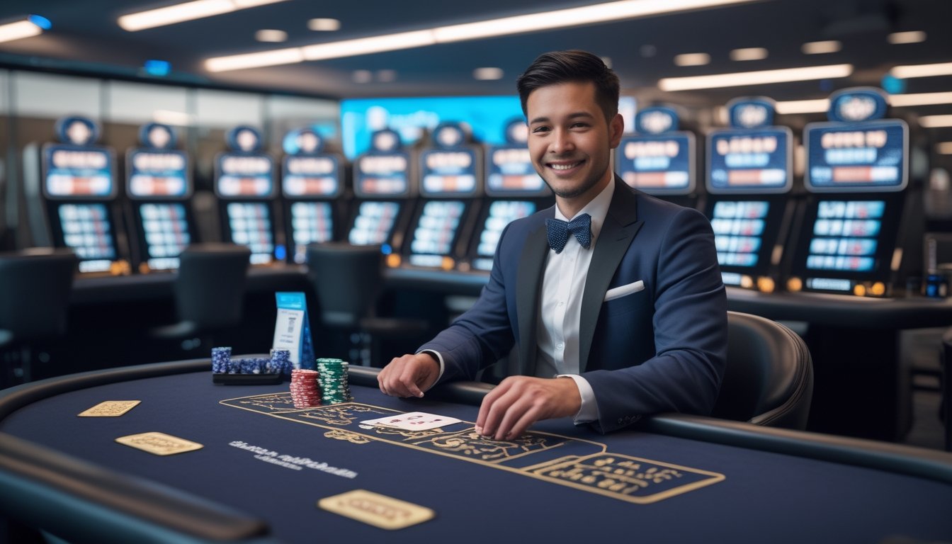 Seorang dealer blackjack profesional sedang bermain di meja dengan kartu dan chip, di depan layar komputer yang menampilkan permainan blackjack online.