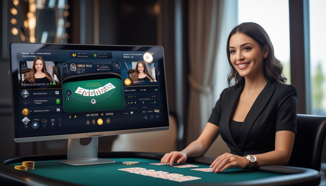 Seorang dealer langsung sedang membagikan kartu blackjack di depan komputer dan ponsel yang menampilkan platform blackjack online.