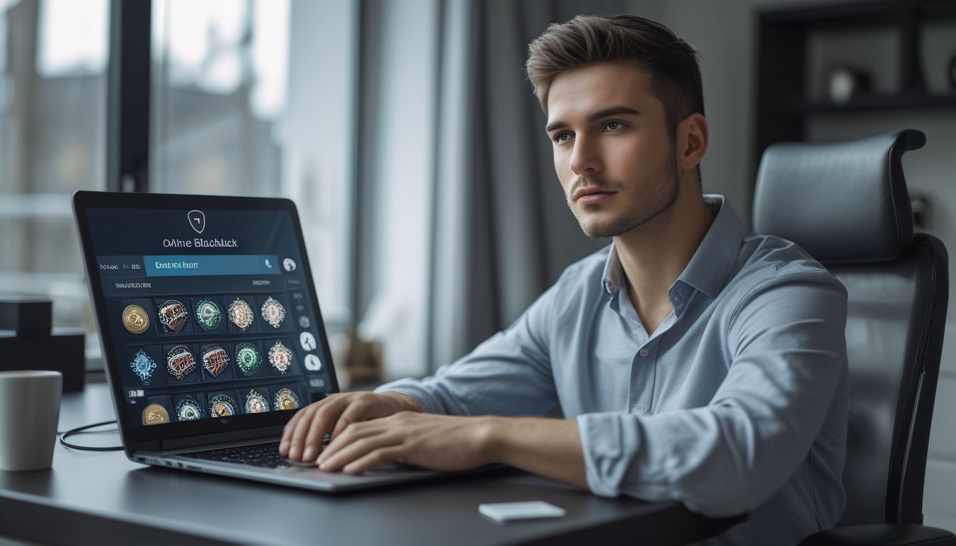 Seorang pria muda duduk di depan laptop dengan permainan blackjack online, terlihat fokus dan tenang di ruang kerja yang nyaman.