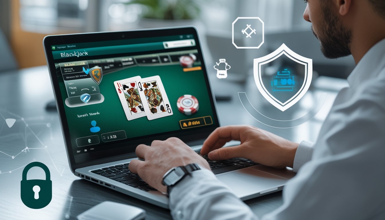 Seorang pemain menggunakan laptop dengan tampilan permainan blackjack online, dikelilingi simbol keamanan seperti gembok dan perisai di meja kerja yang rapi.