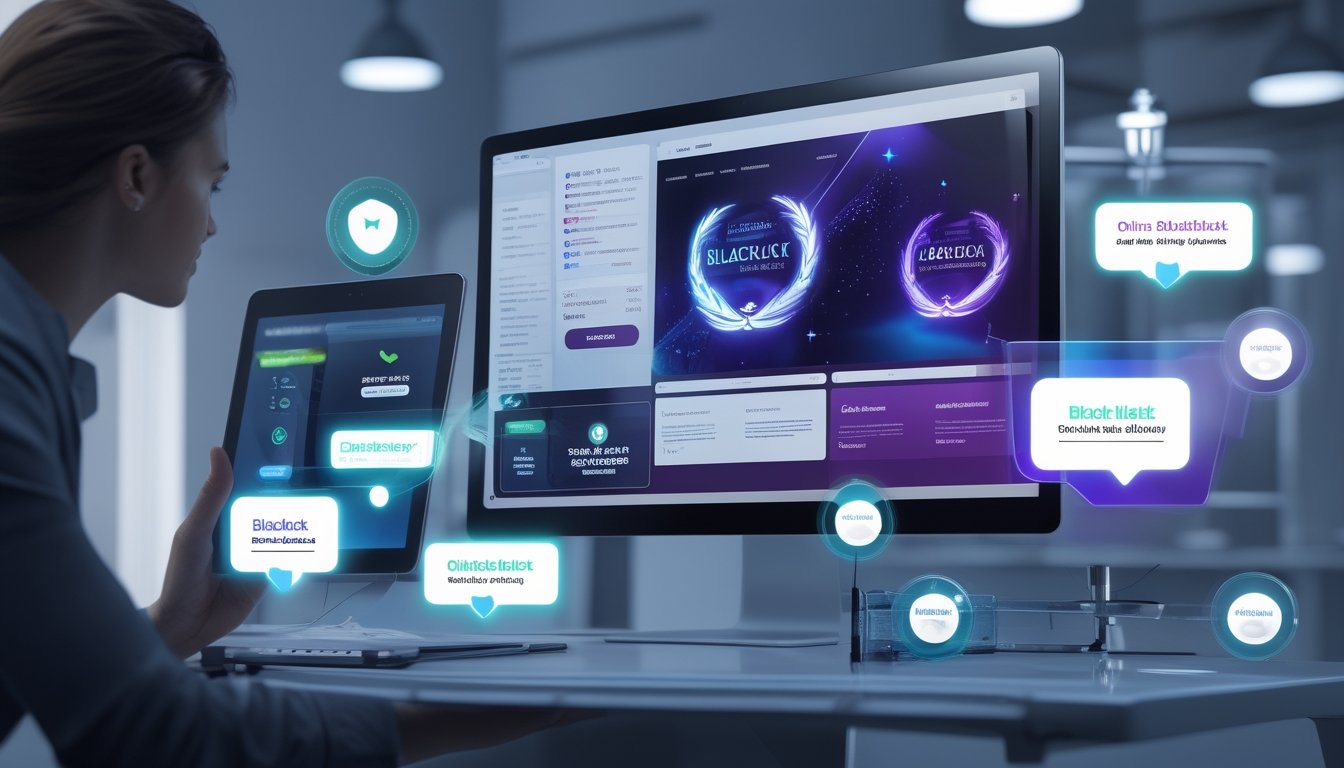 Sebuah ruang kerja modern dengan monitor komputer menampilkan berbagai jendela situs blackjack online, dilengkapi ikon perlindungan dan dukungan pengguna.