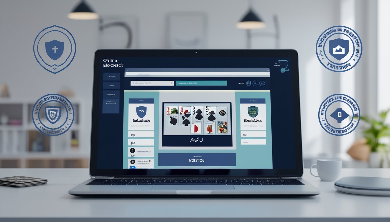 Seorang pengguna duduk di depan komputer yang menampilkan situs blackjack online dengan simbol kepercayaan dan legalitas di sekitar perangkat.