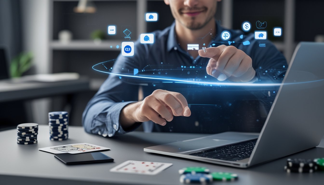 Seseorang duduk di meja dengan laptop yang menampilkan permainan blackjack online dan ikon metode pembayaran digital di sekitarnya.