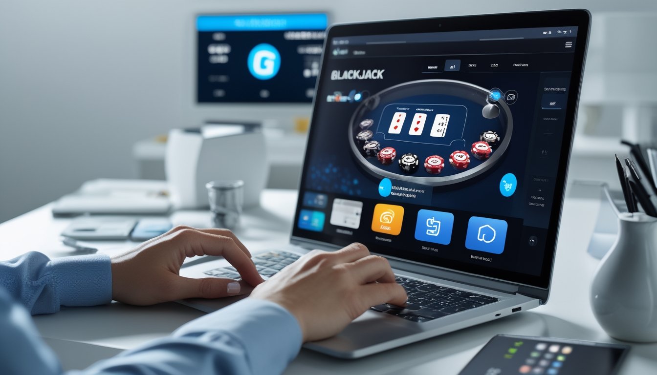 Seseorang menggunakan komputer dengan tampilan permainan blackjack online dan ikon metode pembayaran di sekitarnya.