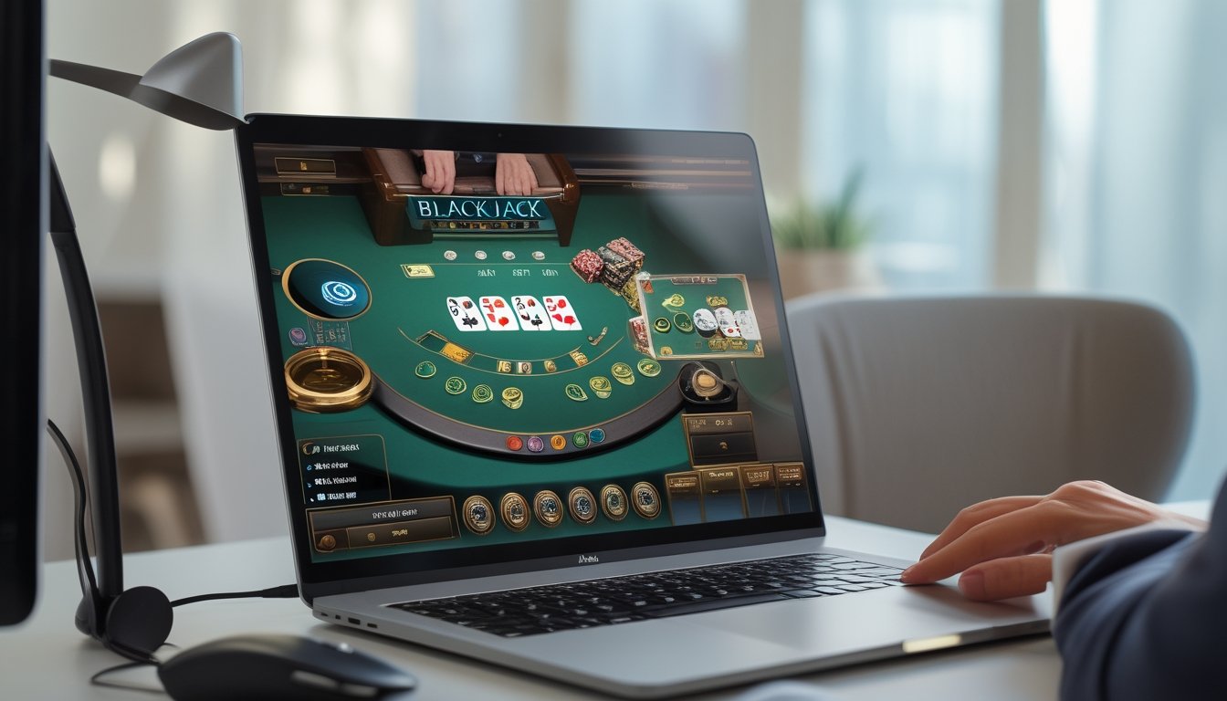 Seseorang bermain blackjack online di komputer dengan suasana ruang kerja yang rapi dan pencahayaan alami.